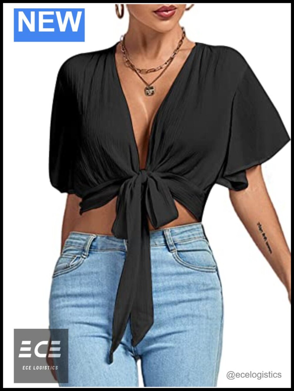 Women's Tie Front Crop Top Deep V-Neck Ruffle Sleeve Blouse